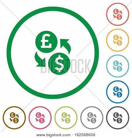 Pound Dollar exchange flat color icons in round outlines on white background