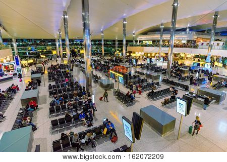 LONDON UNITED KINGDOM - NOVEMBER 08: This is the interior view of Heathrow airport terminal 2 departures area on November 08 2016 in London