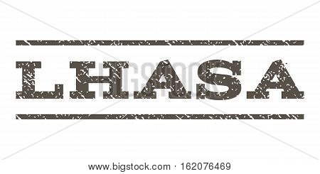 Lhasa watermark stamp. Text caption between horizontal parallel lines with grunge design style. Rubber seal stamp with dust texture. Vector grey color ink imprint on a white background.