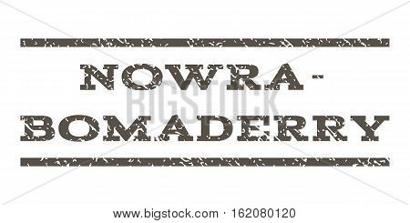 Nowra-Bomaderry watermark stamp. Text tag between horizontal parallel lines with grunge design style. Rubber seal stamp with dust texture. Vector grey color ink imprint on a white background.