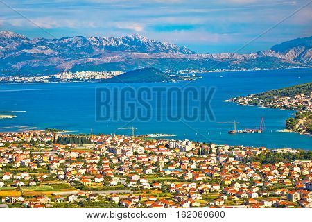 Trogir bay Ciovo island city of Split and Biokovo mountain panorama Dalmatia Croatia