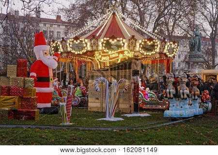 Lyon, France, December 17, 2016 : The Christmas Market Of Lyon, A Village Of More Than 130 Chalets O