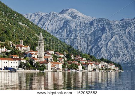 perast traditional balkan village mountain landscape by kotor bay in montenegro