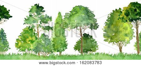 watercolor landscape with deciduous trees, pine, bushes and grass, seamless pattern, abstract nature background, forest border, hand drawn illustration