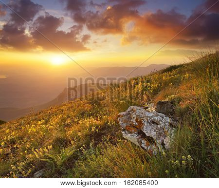 Mountain valley during sundown. Beautiful summer landscape