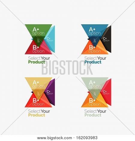 Set of triangle option infographic layouts. Select your product concept, make a choice idea