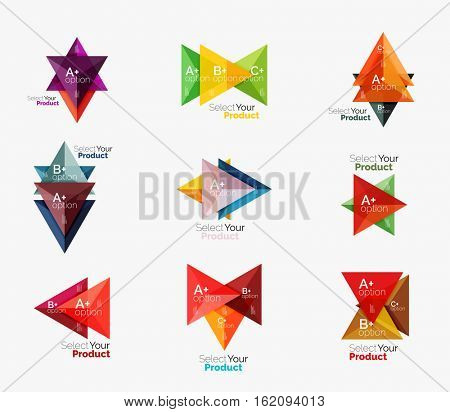 Set of triangle option infographic layouts. Select your product concept, make a choice idea