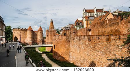 Warsaw, Poland - 20 June 2015: view on Barbakan walls and towers in Warsaw in Poland