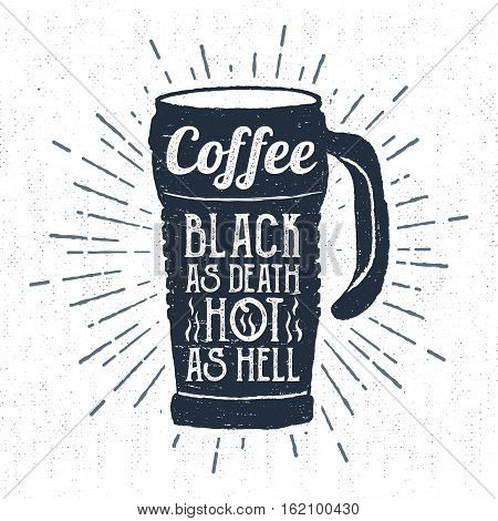 Hand drawn label with textured therms cup vector illustration and 