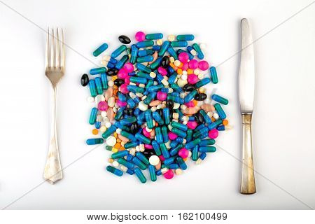 Medication With Different Types And Colours. Tablets And Pils