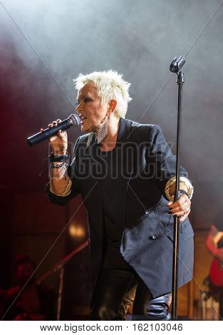 CRACOW POLAND - NOV EMBER 6 2016: Symphonica 2 Made in Poland The music of cult of underground rock metal- and punk Polish groups from years 80-these performed by musicians and soloists Filharmonia Futura on stage cinemas Kiev in Cracow. O/p Malgorzata Os