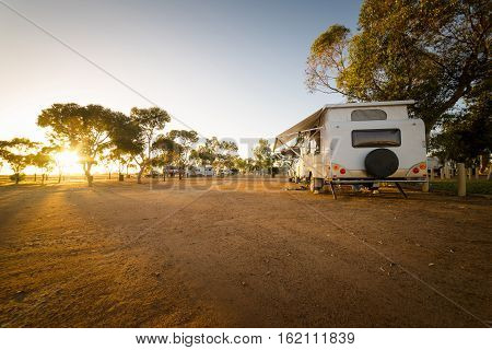 Campsite with caravans in a morning light in the Hyden Western Australia.