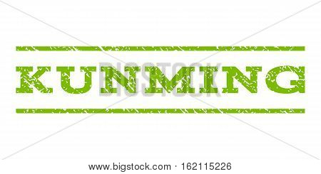Kunming watermark stamp. Text tag between horizontal parallel lines with grunge design style. Rubber seal stamp with dust texture. Vector eco green color ink imprint on a white background.