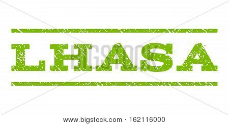 Lhasa watermark stamp. Text tag between horizontal parallel lines with grunge design style. Rubber seal stamp with dust texture. Vector eco green color ink imprint on a white background.