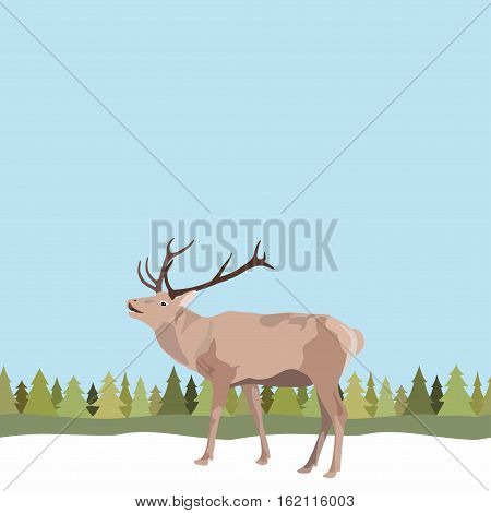 Vector greeting invitation card for christmas new year. Vector reindeer with antler on seamless background of trees and snow
