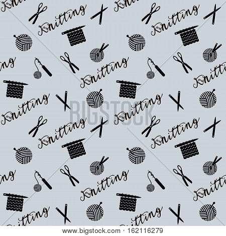Pattern with scissors, crotchets, threads and needles