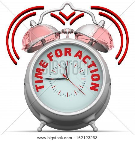 Time for action. The alarm clock with an inscription. Alarm clock with the words 