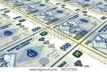 Congolese francs bills stacked background. 3D illustration.