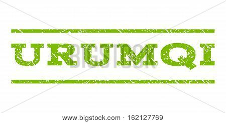 Urumqi watermark stamp. Text caption between horizontal parallel lines with grunge design style. Rubber seal stamp with dirty texture. Vector eco green color ink imprint on a white background.