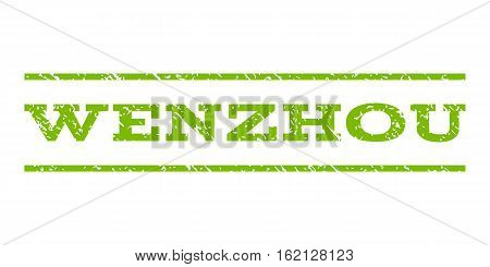Wenzhou watermark stamp. Text caption between horizontal parallel lines with grunge design style. Rubber seal stamp with scratched texture. Vector eco green color ink imprint on a white background.