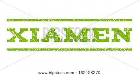 Xiamen watermark stamp. Text caption between horizontal parallel lines with grunge design style. Rubber seal stamp with unclean texture. Vector eco green color ink imprint on a white background.