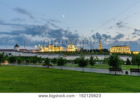 Night view of the Kazan Kremlin with Presidential Palace, Annunciation Cathedral, Soyembika Tower and Qolsharif Mosque, Kazan, Russia.