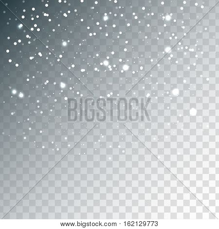 Random falling white snowflakes transparent background. Abstract pattern. Glitter banner for greeting Christmas and New Year card invitation postcard. Vector illustration sparkling lights.