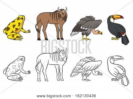 Cute animals collection. Coloring book. Vector illustration.
