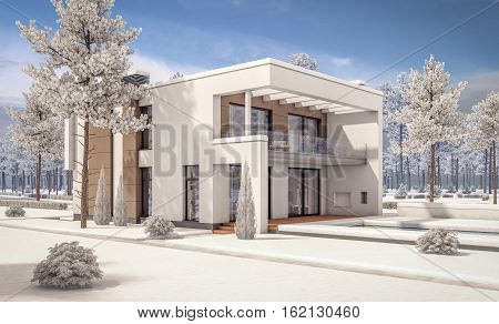 3D Rendering Of Modern Winter House