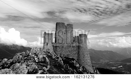 Rocca Calascio in black and white, Lady Hawk Fortress, in L'Aquila, Abruzzo, Italy