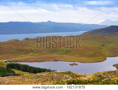 View on the landscape surrounding The Storr mountain range on the Isle of Skye, Scotland
