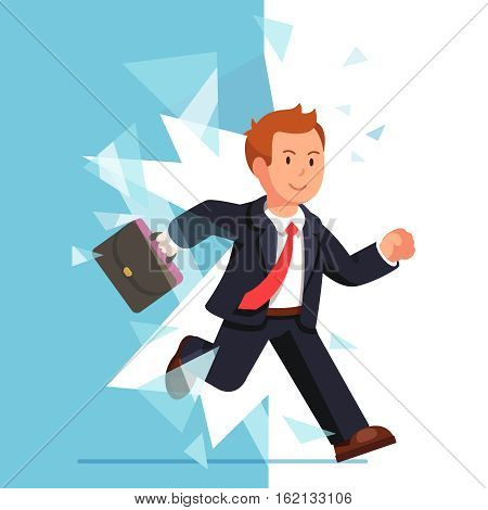 Business man breaking through glass wall. Smiling businessman overcoming obstacles. Flat style vector illustration isolated on white background.