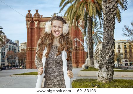 Happy Fashion-monger Near Arc De Triomf In Barcelona, Spain