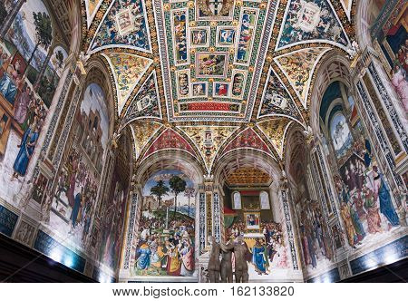 Siena Italy - Oct 3 2016. Interiors and architectural of the Palazzo Pubblico at Piazza del campo in Siena Italy