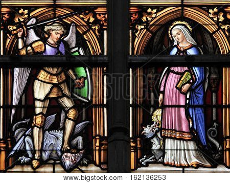 Stained Glass - Saint Michael And Saint Gudula, Patron Saints Of Brussels Cathedral