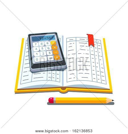 Open accounting book or ledger tables with calculator and pencil. Flat style vector illustration isolated on white background.