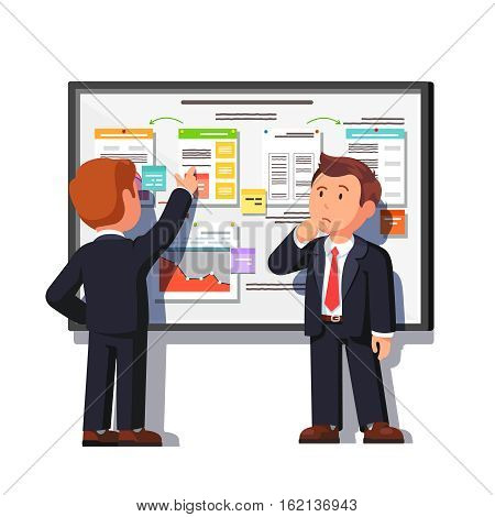 Business consultant showing and explaining project process decomposition diagram on big white board to boss. Flat style vector illustration isolated on white background.