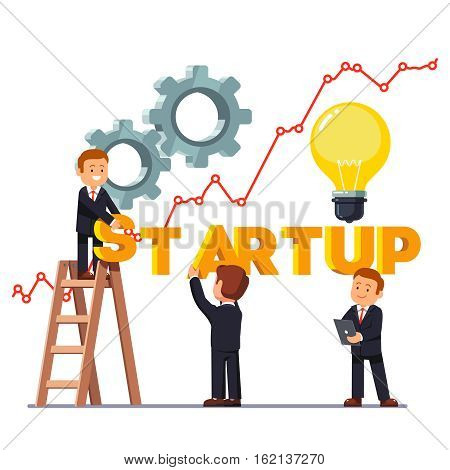 Startup letters business concept. Growing line graph, gears and idea light bulb. Businessman team making startup word with a stepladder. Flat style vector illustration isolated on white background.