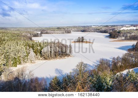 Frozen Lake Jedzelwo in winter. Stare Juchy Mauria Poland.