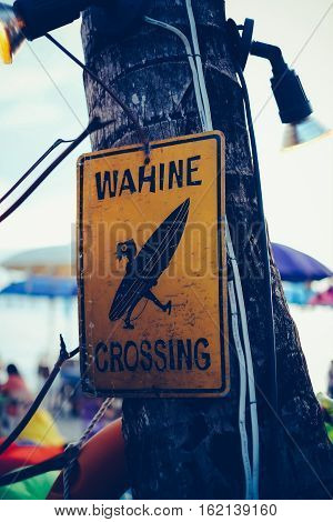 Surfers signboard on the beach wahine crossing