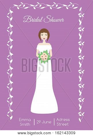 Bridal shower card with smiling happy bride. Woman in fashion wedding dress. Vector illustration invitation template henparty