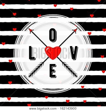 Vector illustration of stylish card for Valentines day greeting print with typography word sign LOVE, hearts, arrow, white round shape frame on seamless rough stripes background in Memphis style