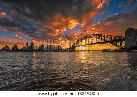 Sydney Harbour at sunset viewed from Milsons Point in North Sydney Australia. DEC 19,2016 Sydney Harbour is a beautiful meandering waterway, famous around the world.