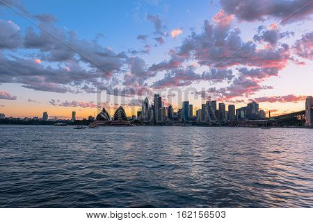 Sydney Harbour at sunset viewed from Milsons Point in North Sydney Australia. DEC 19,2016 Sydney Harbour is a beautiful meandering waterway, famous around the world.