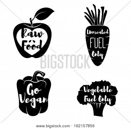 Vegan Labels set. - Cocept. doodle - Sweet Pepper. Red Apple. Green Broccoli. Carrot. Vector Illustration Isolated Emblems