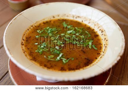 Georgian kharcho soup on table in a restaurant