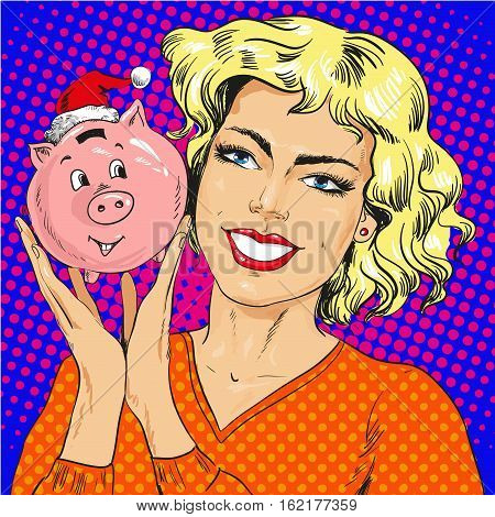 Vector illustration of happy young woman holding piggy bank in christmas hat, retro pop art comic style.