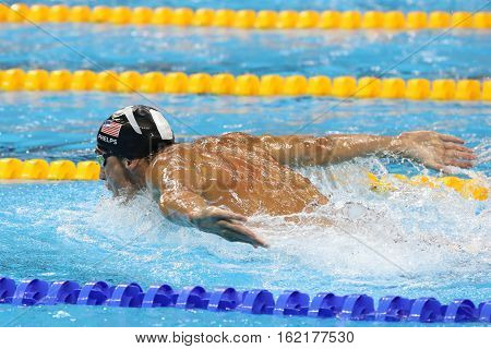 RIO DE JANEIRO, BRAZIL - AUGUST 8, 2016: Olympic champion Michael Phelps of United States competes at the Men's 200m butterfly at Rio 2016 Olympic Games at the Olympic Aquatics Stadium