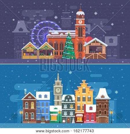 Snow city landscapes with winter Europe town and christmas market. Winter fair festival banner with cathedral building and New Year stalls. Snowy street with colorful houses on snowfall background.