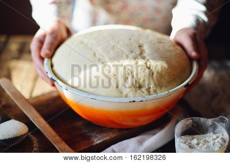 Close Up View Of Baker Kneading Dough. Homemade Bread. Hands Pre